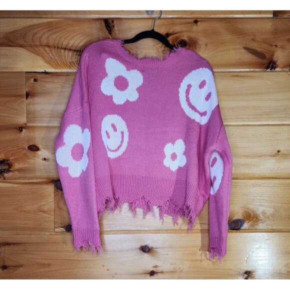 Just Polly Pink Daisy,Smiles Knit Sweater Cropped Raw Distressed Hem Oversized - Picture 8 of 9